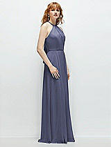 Side View Thumbnail - French Blue Shirred Halter Chiffon Maxi Dress with Back Sash-Tie Closure