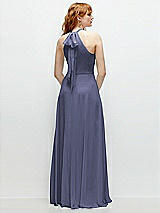 Rear View Thumbnail - French Blue Shirred Halter Chiffon Maxi Dress with Back Sash-Tie Closure