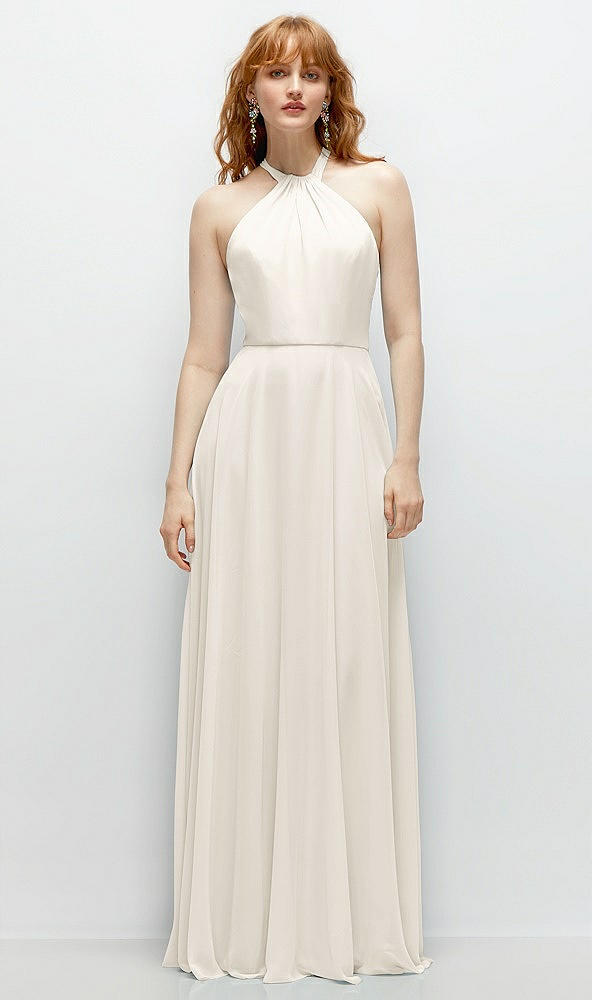 Front View - Ivory Shirred Halter Chiffon Maxi Dress with Back Sash-Tie Closure