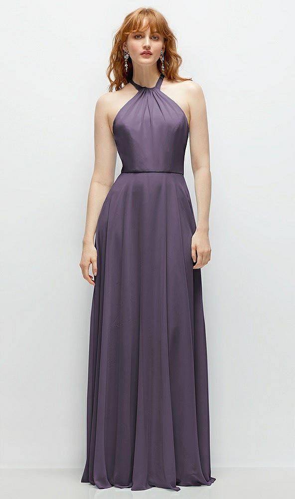 Front View - Lavender Shirred Halter Chiffon Maxi Dress with Back Sash-Tie Closure