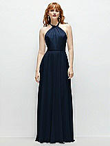 Front View Thumbnail - Midnight Navy Shirred Halter Chiffon Maxi Dress with Back Sash-Tie Closure