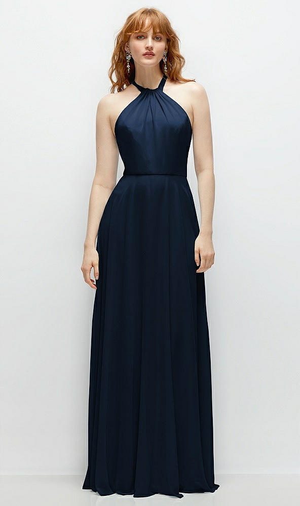 Front View - Midnight Navy Shirred Halter Chiffon Maxi Dress with Back Sash-Tie Closure