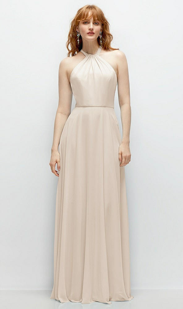 Front View - Oat Shirred Halter Chiffon Maxi Dress with Back Sash-Tie Closure