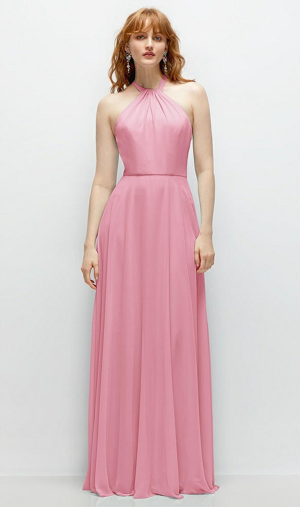 Front View - Peony Pink Shirred Halter Chiffon Maxi Dress with Back Sash-Tie Closure