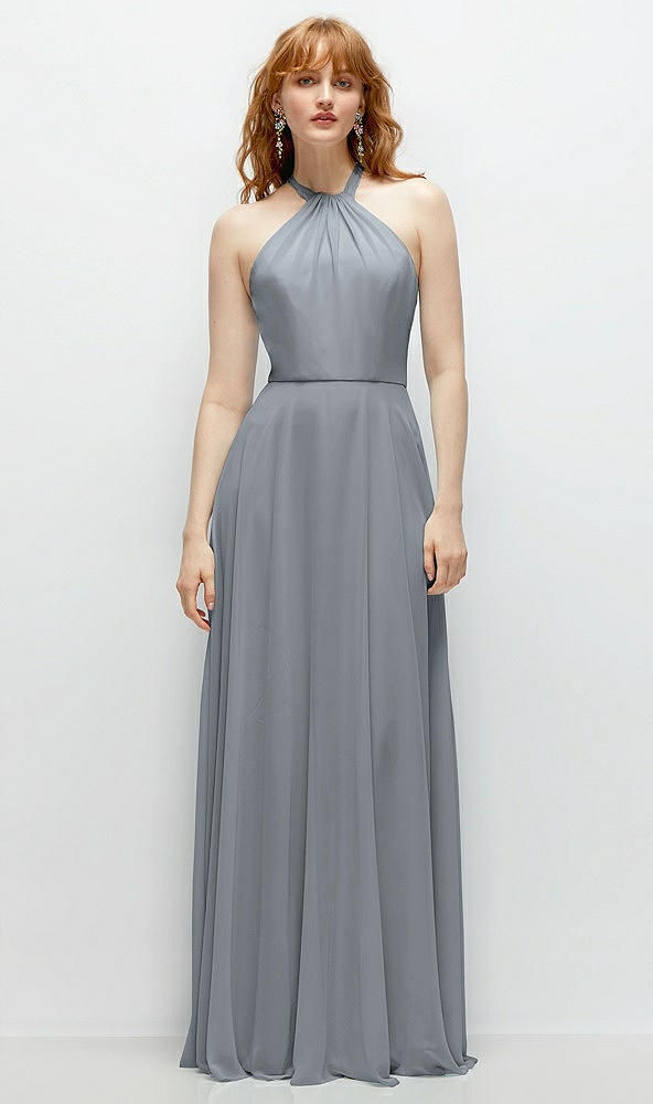 Front View - Platinum Shirred Halter Chiffon Maxi Dress with Back Sash-Tie Closure