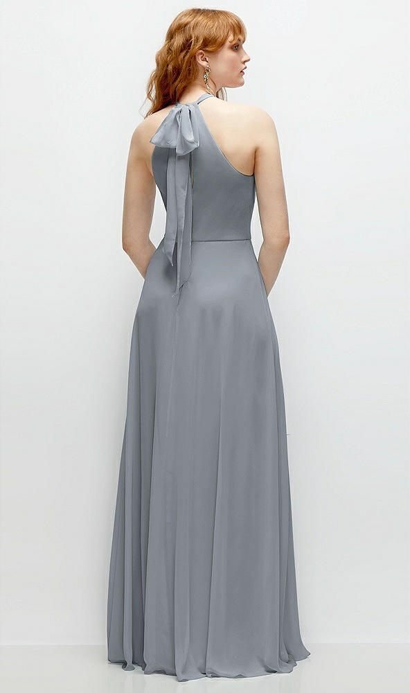 Back View - Platinum Shirred Halter Chiffon Maxi Dress with Back Sash-Tie Closure