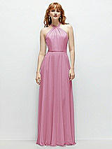 Front View Thumbnail - Powder Pink Shirred Halter Chiffon Maxi Dress with Back Sash-Tie Closure