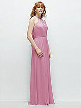 Side View Thumbnail - Powder Pink Shirred Halter Chiffon Maxi Dress with Back Sash-Tie Closure