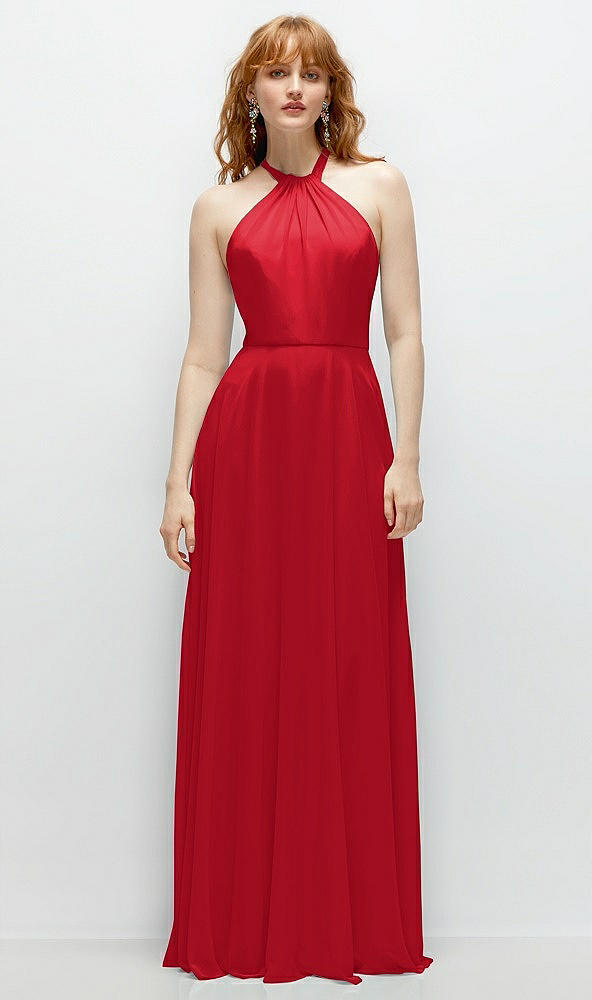 Front View - Parisian Red Shirred Halter Chiffon Maxi Dress with Back Sash-Tie Closure