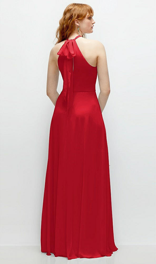 Back View - Parisian Red Shirred Halter Chiffon Maxi Dress with Back Sash-Tie Closure