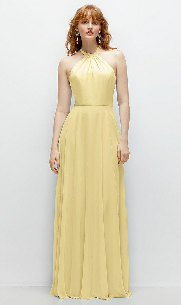 Front View - Pale Yellow Shirred Halter Chiffon Maxi Dress with Back Sash-Tie Closure