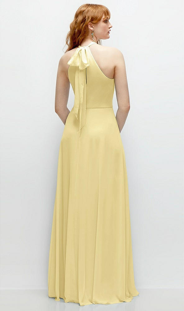 Back View - Pale Yellow Shirred Halter Chiffon Maxi Dress with Back Sash-Tie Closure