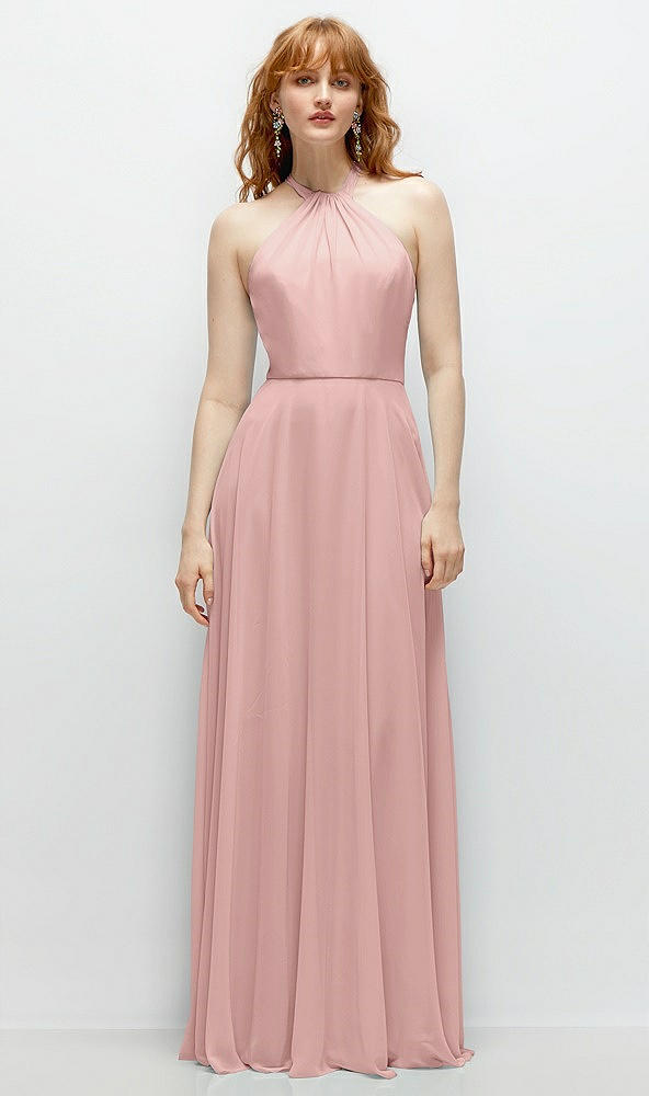 Front View - Rose - PANTONE Rose Quartz Shirred Halter Chiffon Maxi Dress with Back Sash-Tie Closure