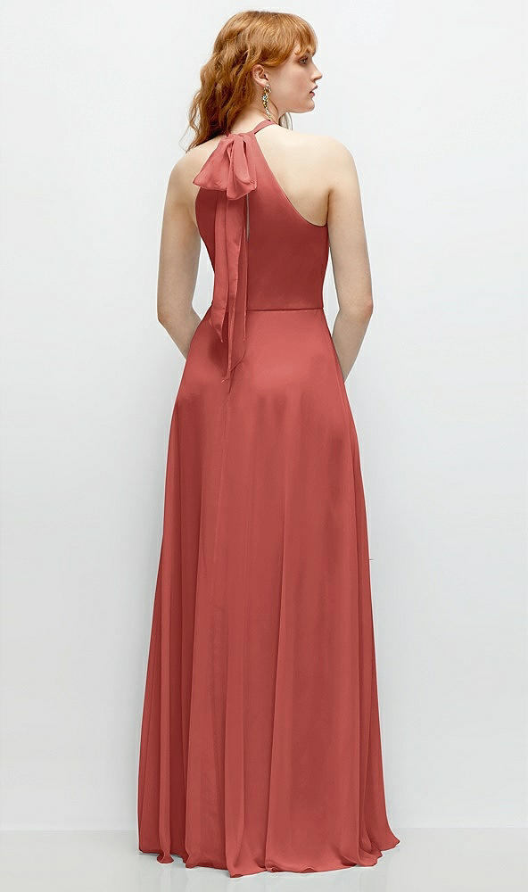 Back View - Coral Pink Shirred Halter Chiffon Maxi Dress with Back Sash-Tie Closure