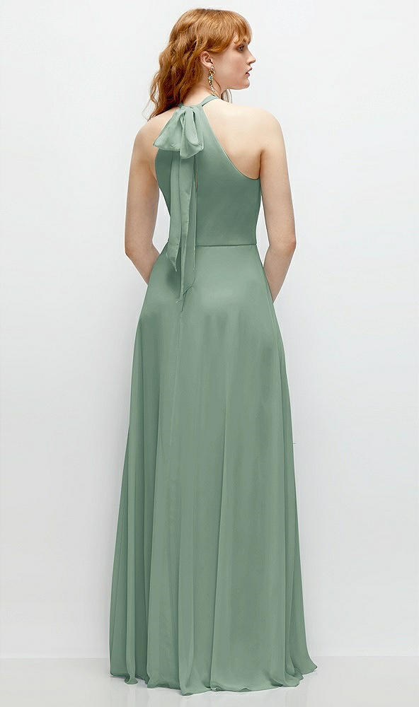 Back View - Seagrass Shirred Halter Chiffon Maxi Dress with Back Sash-Tie Closure