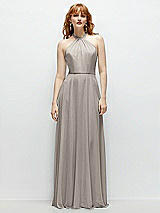 Front View Thumbnail - Taupe Shirred Halter Chiffon Maxi Dress with Back Sash-Tie Closure