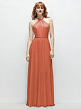 Front View Thumbnail - Terracotta Copper Shirred Halter Chiffon Maxi Dress with Back Sash-Tie Closure