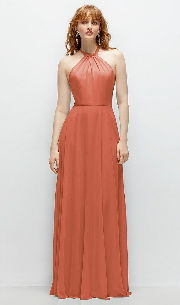 Front View - Terracotta Copper Shirred Halter Chiffon Maxi Dress with Back Sash-Tie Closure