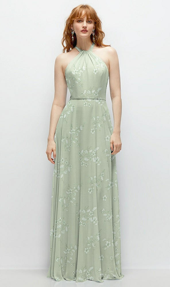 Front View - Vintage Primrose Sage Shirred Halter Chiffon Maxi Dress with Back Sash-Tie Closure