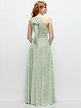 Rear View Thumbnail - Vintage Primrose Sage Shirred Halter Chiffon Maxi Dress with Back Sash-Tie Closure