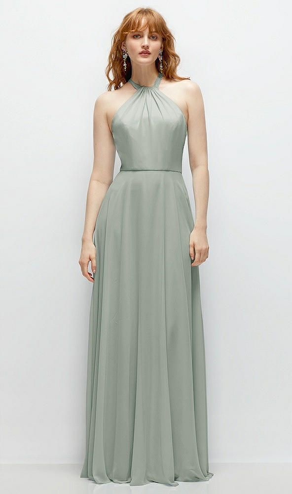 Front View - Willow Green Shirred Halter Chiffon Maxi Dress with Back Sash-Tie Closure