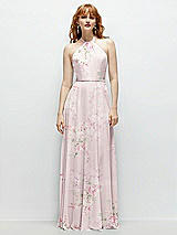 Front View Thumbnail - Watercolor Print Shirred Halter Chiffon Maxi Dress with Back Sash-Tie Closure