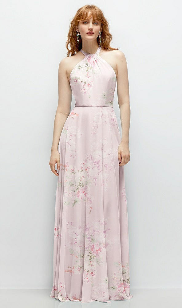 Front View - Watercolor Print Shirred Halter Chiffon Maxi Dress with Back Sash-Tie Closure