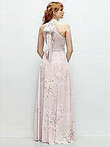 Rear View Thumbnail - Watercolor Print Shirred Halter Chiffon Maxi Dress with Back Sash-Tie Closure