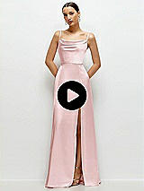 Video 1 Thumbnail - Champagne Cowl Neck Satin Maxi Dress with Adjustable Spaghetti Straps