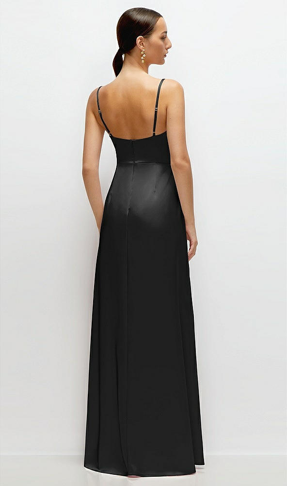 Back View - Black Cowl Neck Satin Maxi Dress with Adjustable Spaghetti Straps