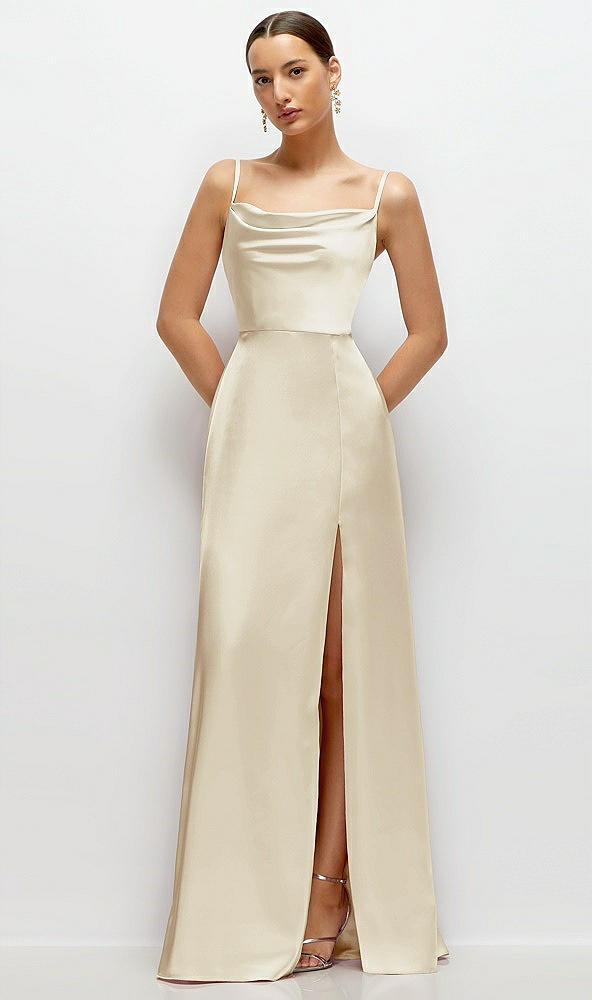 Front View - Champagne Cowl Neck Satin Maxi Dress with Adjustable Spaghetti Straps