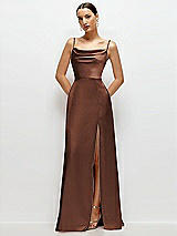 Front View Thumbnail - Cognac Cowl Neck Satin Maxi Dress with Adjustable Spaghetti Straps