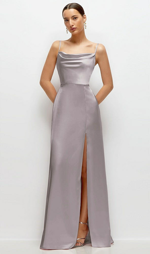 Front View - Cashmere Gray Cowl Neck Satin Maxi Dress with Adjustable Spaghetti Straps