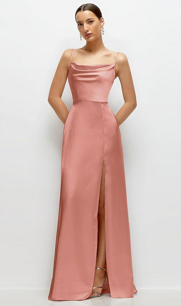 Front View - Desert Rose Cowl Neck Satin Maxi Dress with Adjustable Spaghetti Straps