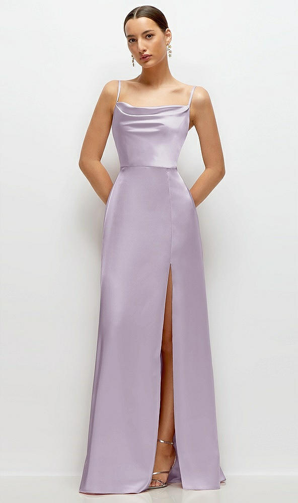 Front View - Lilac Haze Cowl Neck Satin Maxi Dress with Adjustable Spaghetti Straps