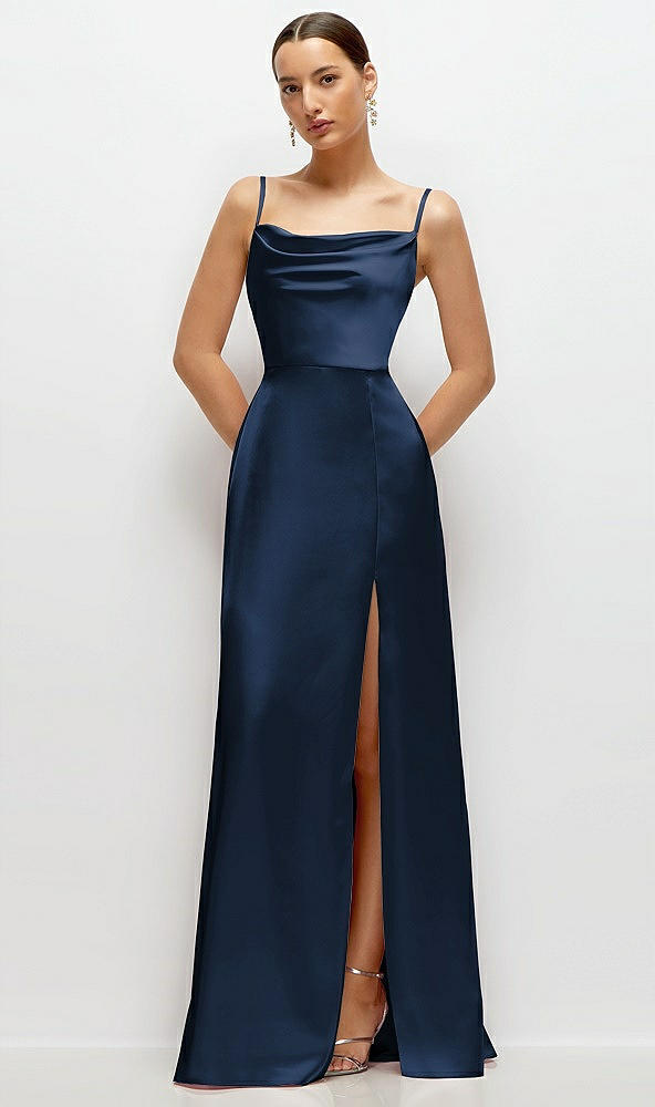 Front View - Midnight Navy Cowl Neck Satin Maxi Dress with Adjustable Spaghetti Straps