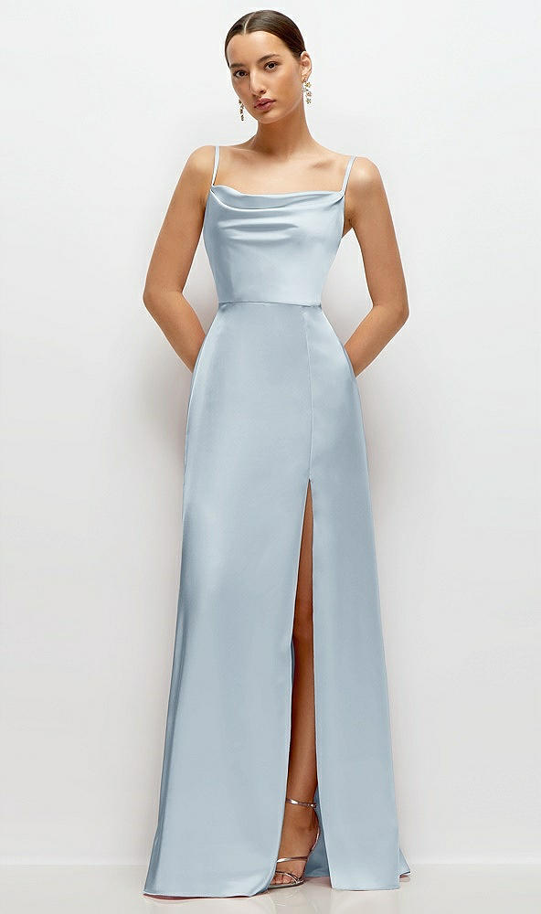 Front View - Mist Cowl Neck Satin Maxi Dress with Adjustable Spaghetti Straps