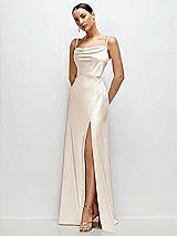 Side View Thumbnail - Oat Cowl Neck Satin Maxi Dress with Adjustable Spaghetti Straps