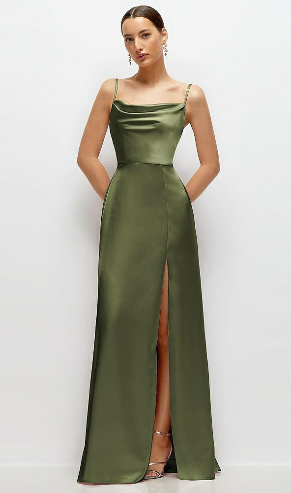 Front View - Olive Green Cowl Neck Satin Maxi Dress with Adjustable Spaghetti Straps