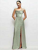 Front View Thumbnail - Sage Cowl Neck Satin Maxi Dress with Adjustable Spaghetti Straps