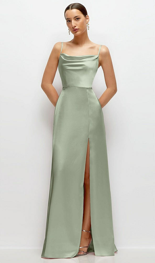 Front View - Sage Cowl Neck Satin Maxi Dress with Adjustable Spaghetti Straps