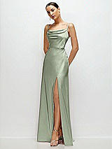 Side View Thumbnail - Sage Cowl Neck Satin Maxi Dress with Adjustable Spaghetti Straps