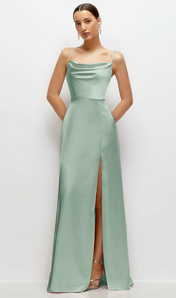 Front View - Seagrass Cowl Neck Satin Maxi Dress with Adjustable Spaghetti Straps