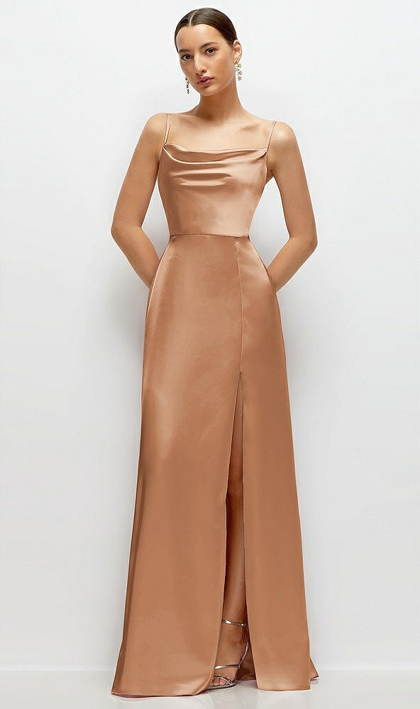 Front View - Toffee Cowl Neck Satin Maxi Dress with Adjustable Spaghetti Straps