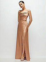 Side View Thumbnail - Toffee Cowl Neck Satin Maxi Dress with Adjustable Spaghetti Straps