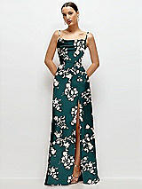 Front View Thumbnail - Vintage Primrose Evergreen Floral Cowl Neck Satin Maxi Dress with Adjustable Spaghetti Straps