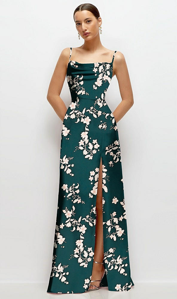 Front View - Vintage Primrose Evergreen Floral Cowl Neck Satin Maxi Dress with Adjustable Spaghetti Straps