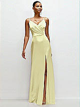 Front View Thumbnail - Butter Yellow Pleated Faux Wrap Satin Maxi Dress with Adjustable Spaghetti Straps