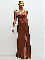 Front View Thumbnail - Auburn Moon Pleated Faux Wrap Satin Maxi Dress with Adjustable Spaghetti Straps