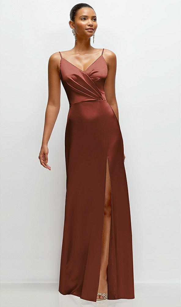 Front View - Auburn Moon Pleated Faux Wrap Satin Maxi Dress with Adjustable Spaghetti Straps